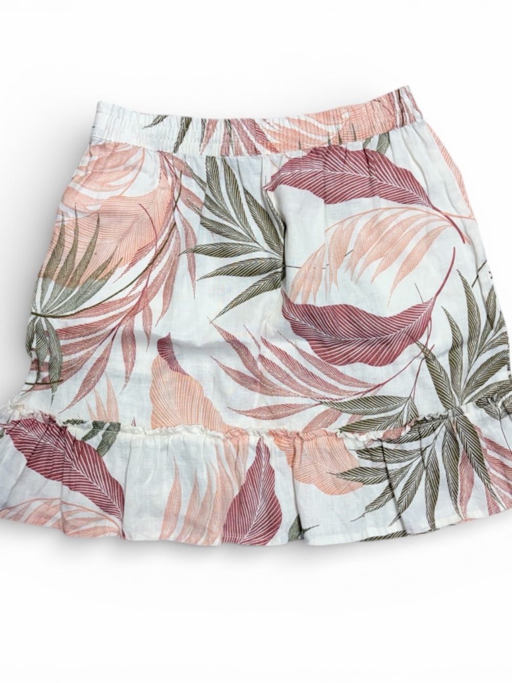 Tahari Women White Pink Green Tropical Palm Leaf 100% Linen Ruffle Mini Skirt S - Picture 2 of 5